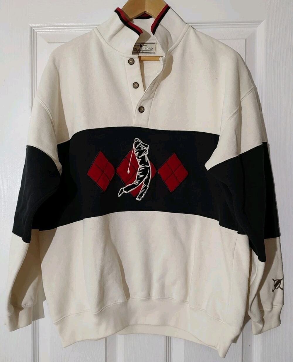 Men's Vintage John Ashford Golf Polo White Sweatshirt Long Sleeve 90s - Medium
